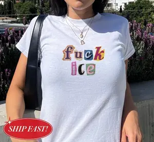 Anti Ice Magazine Letter Baby Tee, Fuck ICE Y2K Top, Protect Immigrants Tee, No Human Is Illegal Top