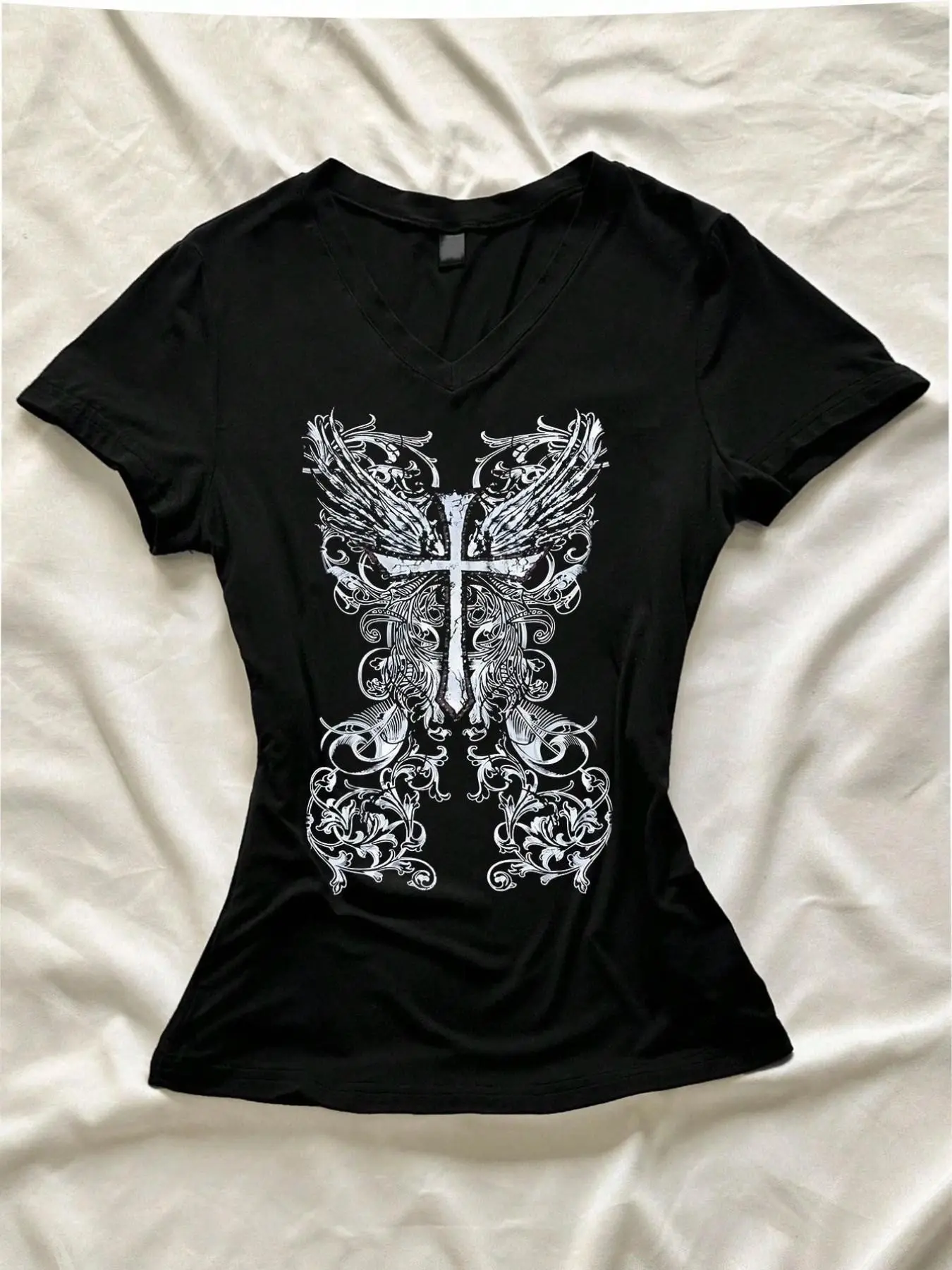 Cross Wings Gothic Graphic T-Shirt for Women | V-Neck Slim Fit Cotton Tee, Grunge Streetwear Y2K E-Girl Aesthetic, Retro 90s Alt Fashion, Edgy Street Style, Dark Academia, Witchy Fashion, Emo Aesthetic, Vintage Print, Casual Streetwear, Trendy 2025, Soft