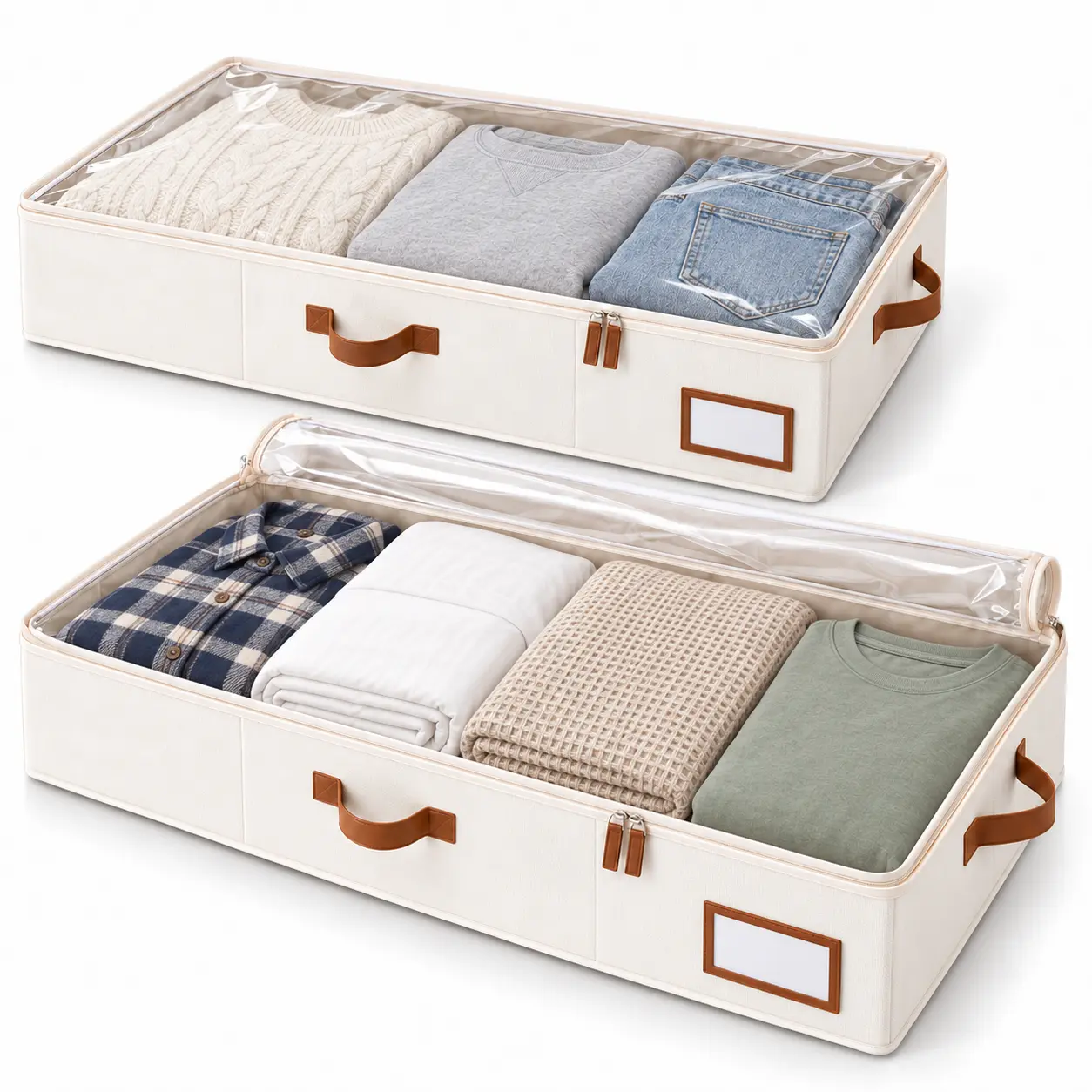 UNIQDESIGN 2-Pack Under Bed Storage Boxes, Large Foldable Plastic Containers with Metal Handles & Clear Label Holders, For Seasonal Clothes & Holiday Decor