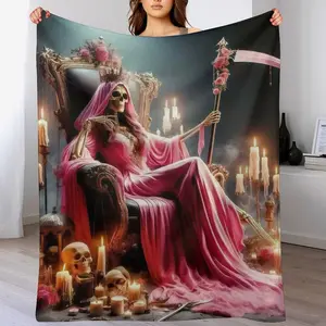 Gothic Pink Reaper Queen Dark Romantic Skull Queen Soft Funny Throw Blanket Print Fleece Blanket Cozy Blankets Comfortable Warm Fluffy For Home Office School Travel