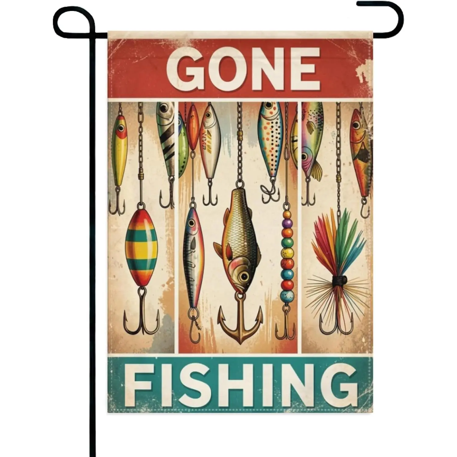 Gone Fishing Garden Flag 12×18in Double Sided Vintage Fishing Lures UV Resistant Weatherproof Decorative Outdoor Yard Flag for Porch Lawn Patio Farmhouse