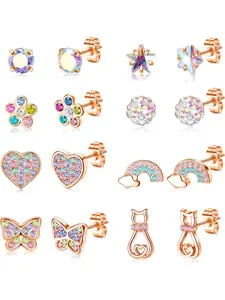 8 Pairs Hypoallergenic Post Earrings Studs Set for Women Girls 316L Stainless Steel Childrens Earrings Multicolored Cubic Zirconia Heart Flower Turtle Pearl Butterfly Stud Earrings Stud Earring Jewelry