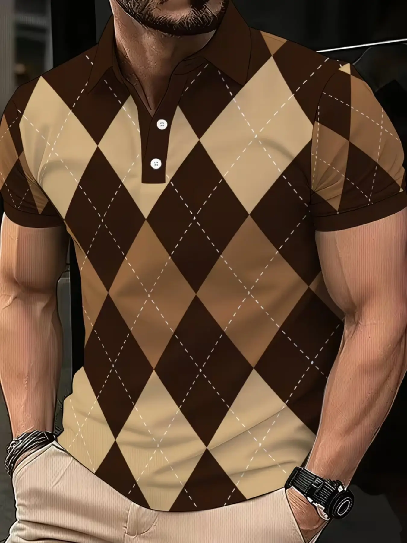 Men's Polyester Buttoned Polo Shirt, breathable polo, and Plaid Pattern, Lightweight Durable, Casual Wear, Classic, Short Sleeve, Button Neck, Top