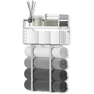 Towel Racks for Bathroom, Bathroom Shelf Over Toilet,Floating Shelves with Towel Rack Paper Holder Storage Basket,Floating Shelves for Wall Decor,