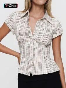 Women's Plaid Print Curved Hem Blouse, Casual Button Front Short Sleeve Buttoned Collared Top for Summer, Ladies Clothes for Daily Wear