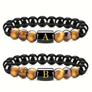 A-Z Initial Letter With Natural Tiger Eye Stone Bracelet, English Initial Letter Stretch Hand Jewelry For Men Women Father's Day Gift