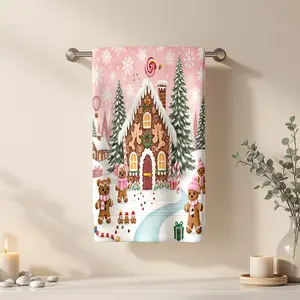 1Pc CHRISTMAS STYLE GINGERBREAD HOUSE WITH CANDIES AND GIFTS Bathroom Hand Towel Bath Towel, Multiple Size Microfiber Towel, Ultra-Soft Quick Dry and Absorbent Polyester Large Bath Towel, Kitchen Towels, Festival Ba