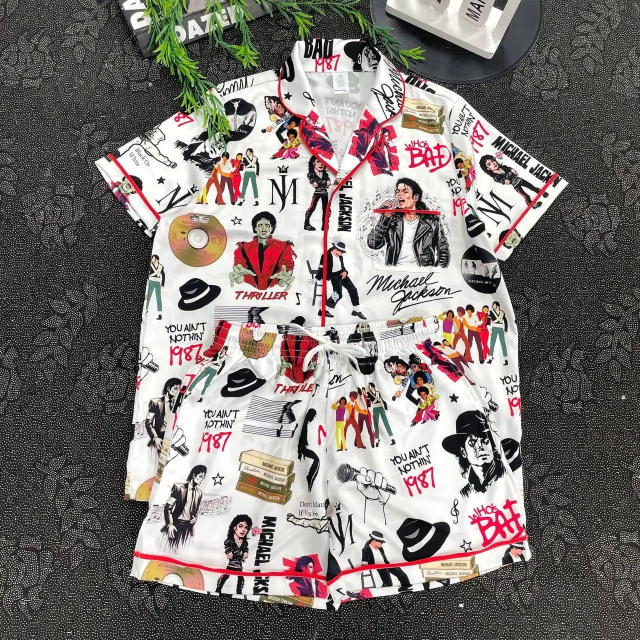 M Jackson Satin Short Pajama Set for Adult & Youth (no pocket), King Of Pop Short Sleeve Silky Satin Pajamas, Matching Family Sleepwear Set, Summer Satin Set, Unique PJs with Design, Pajama Gift For Her 100% Polyester Satin