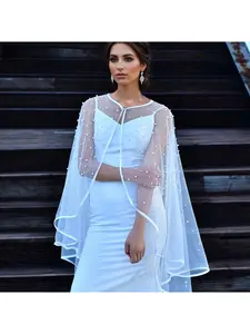 Korean-style bridal wedding shawl cape, plain gauze hand-sewn pearl wedding simple party shawl