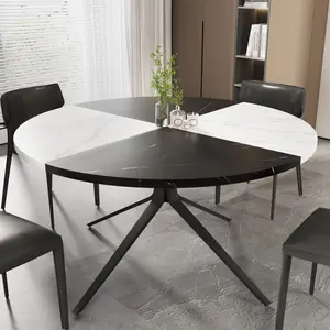 VOWNER 47” Faux Marble Round Dining Table for 4-6 Person, Modern Wooden Kitchen Table with Black Steel Legs, Circle Coffee Table for Kitchen, Diner Room, Black + White Marble