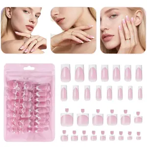 60Pcs White French Tip Press on Nails & Toenails Set, Medium Square Full Cover Glossy Acrylic Fake Nails, Reusable Stick on Manicure Pedicure Kit for Women