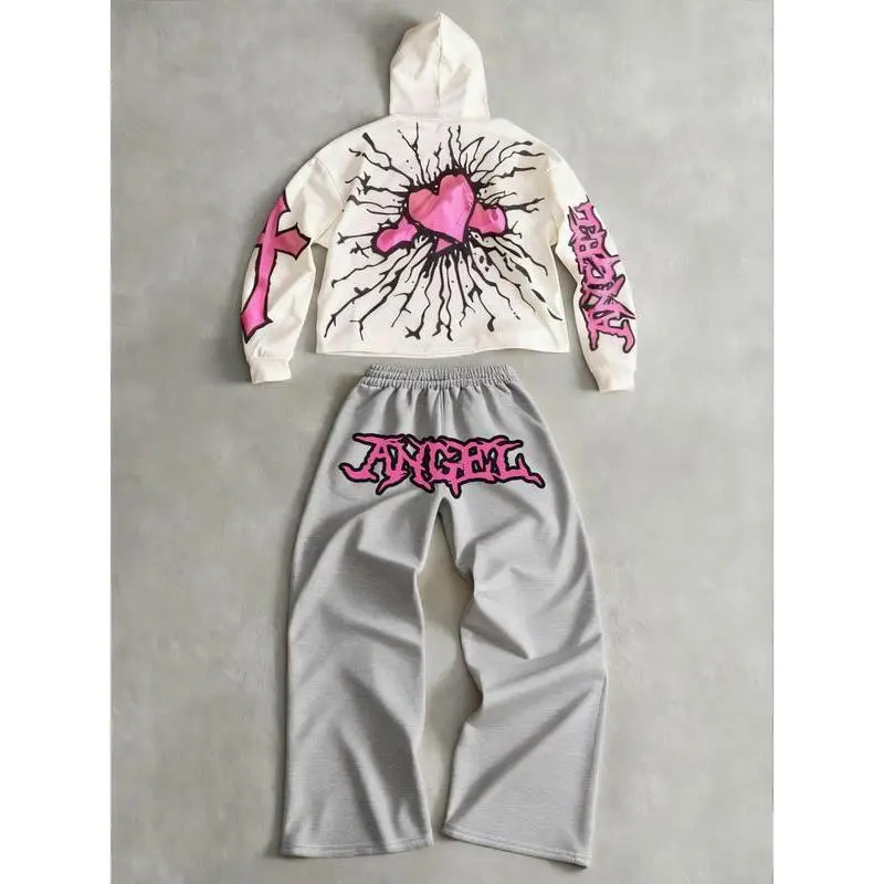 Two piece pattern set, angel and cross print short hoodie and loose pants, daily and party casual home wear Two piece pattern set, angel and cross print short hoodie and loose pants, daily and party casual home wear