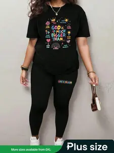 【Plus Size】 Two-Piece Set Letter Print Tee & Skinny Pants, Casual Round Neck Short Sleeve T-shirt & Trousers for Daily Wear, Women's Two-piece Outfits for Spring & Fall, Womenswear
