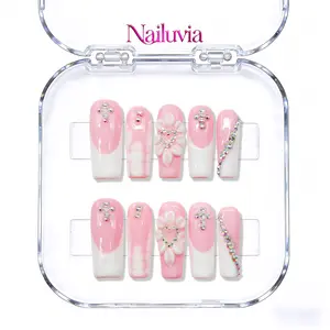Nailuvia｜10PCS 100% Handmade Press-On Nails｜D180 1.3 Inch｜Reusable Colorful Art Acrylic Stylish｜Pink French 3D Flower & Rhinestone Press-On Nails