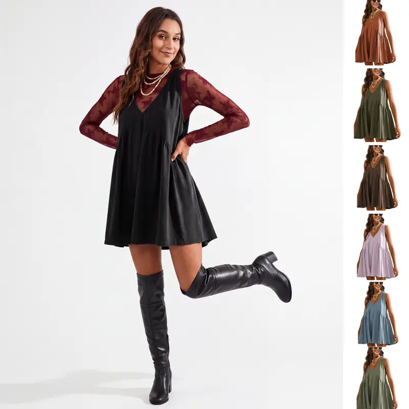 Mundoven Women’s V-Neck Tank Sundress | Casual Flowy Sleeveless A-line Mini Dress with Two Side Pockets, Layer with thin sweater or Mesh Tops on Chilly Days or Wear Alone for Summer Outfits