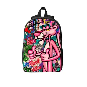 This vintage-style graffiti street art backpack for 17-inch laptops is crafted from durable polyester and features breathable shoulder straps, two-way zippers, and side pockets—making it the ideal choice for travel and fans of 90s cartoons.
