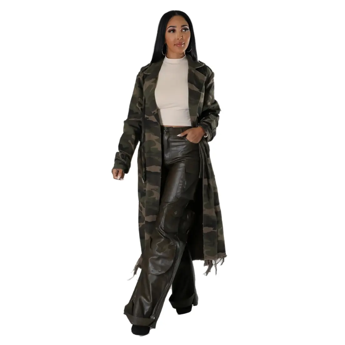 Women's Belted Camouflage Long Trench Coat with Collars, Sleeves, Pocket, 2XL Size - Women's Clothes, Tops & Jackets