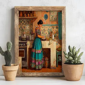 [UNFRAMED] Mexican Kitchen Life Art Print – Colorful Mexico Folk Art, Boho Southwest Wall Decor, Woman in Traditional Kitchen Scene