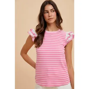 Annie Wear Ruffled Striped Round Neck Cap Sleeve Knit Top