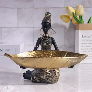 African Woman Art Resin Statue, 1 Count Creative Leaf Design Key Storage Bowl, Desktop Decorative Ornament for Home Living Room Bedroom
