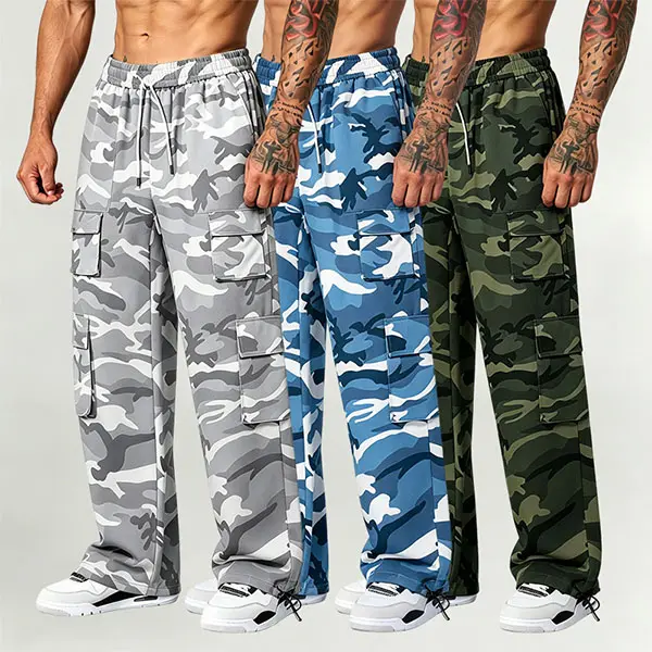 3PCS Men’s Casual Cargo Pants – Camouflage Workwear Pants with Belt and Drawstring, suitable for everyday wear, work, casual wear, and hiking/trekking