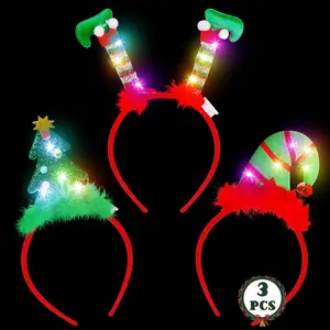 X-HDW01   LED Christmas Headband, Reindeer Antler Leprechaun Hat Bow Hair Hoop for Xmas Holiday Party Favors Decorations Adults