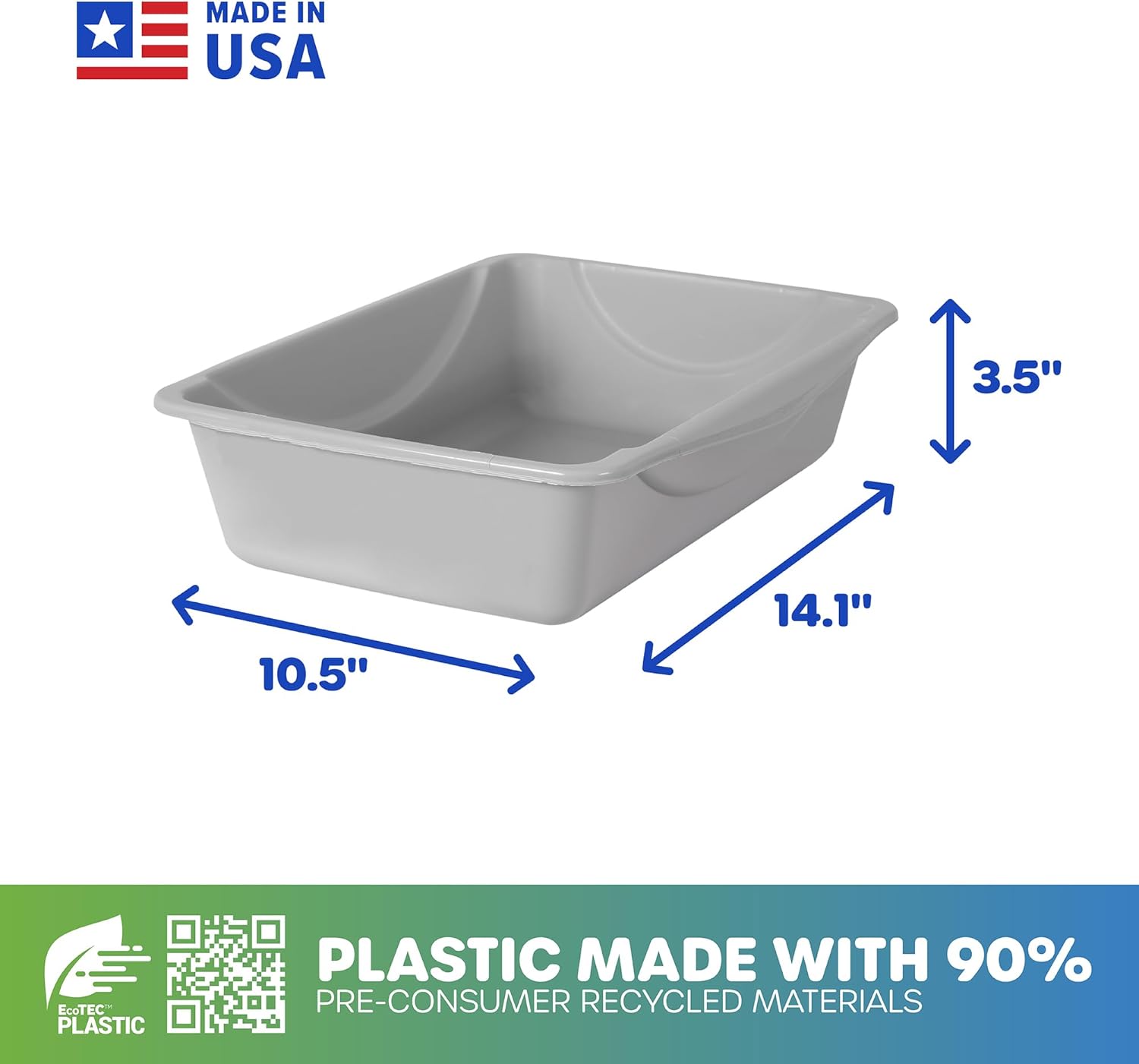 Petmate Basic Open Litter Pan, Gray, Small, 14L x 10.5W x 3.5H inches, Rimmed Sides for Easy Lifting, Made in USA, Eco-Friendly, Durable