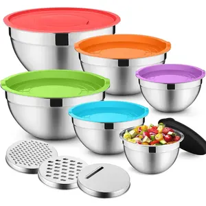 Mixing Bowls with Lids Set of 6, Stainless Steel Nesting Salad Bowl & 3 Grater Attachments for Prepping Storing, 4.6/2.6/2/1.5/1/0.7 QT, Multicolor
