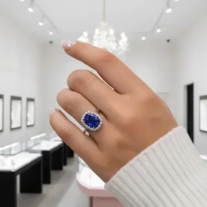 Luxurious Halo Cushion Cut Blue Sapphire Engagement Ring