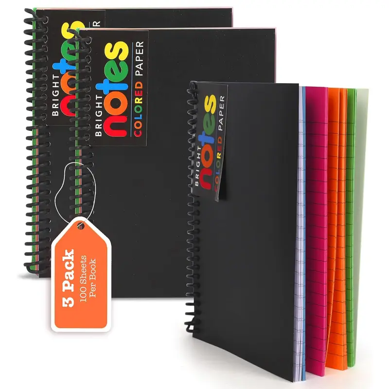 Spiral Notebook with Colored Pages, 5X7" with Vibrant Or Pastel College Ruled Paper, 100 Sheets/200 Pages, 3 Pack
