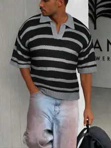 Men's Striped Print Polo Shirt, Loose Casual Short Sleeve Collared Knit Top for Business Commute, Fashion Men's Knitwear for Spring & Fall, Menswear