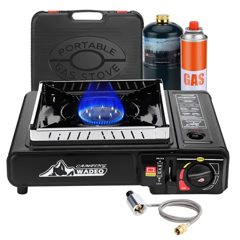 WADEO Freestanding Dual Fuel Cast Iron Camping Stove - Camping Kitchenware, Outdoor Gear with 3FT CGA600 & M16*1 Propane Regulator Hose, Detachable Shield, Windproof, Knob Flame Control, Piezo Ignition, High Heat Output, Portable for Camping