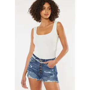 Women's Kancan Distressed Button-Fly Denim Bottoms, Versatile for Pairing with Cotton Tees, Graphic Tees, and Blouses