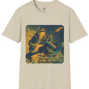 Cool Frog Bassist T-Shirt - Funky Animal Rock Band Graphic Tee for Music Lovers Soft Cotton Knit Ribbed Vintage Style Unisex Fabric Menswear Top Breathable Formal Clothes Teal and Yellow Man Fashion Shirt Frogzilla on Strings Fear the Funk Guitar