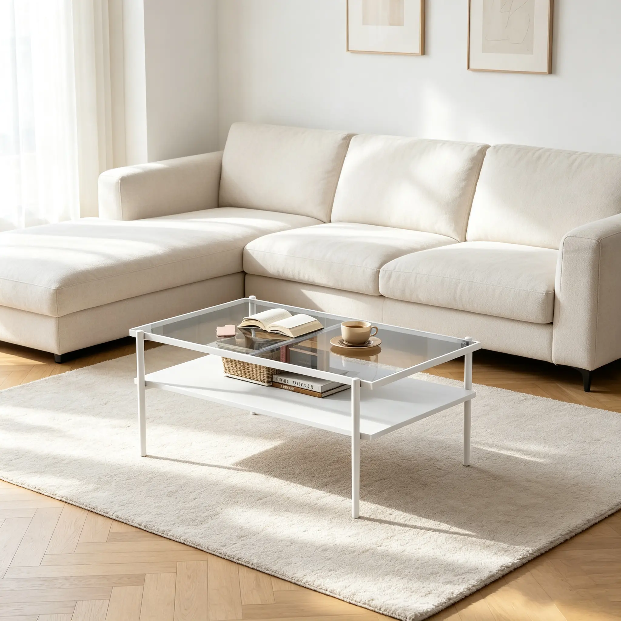 Modern Rectangle Coffee Table with Gray Tempered Glass Top and White Metal Legs, Sturdy Living Room Center Table with MDF Base, Easy-Clean for Home & Office