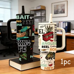 1 Pc 40oz insulated mug, fishing angler print, bass fish, reel, lure and tackle box design, double wall, leak-proof lid, handle with straw, keeps hot 12 hours and cold 24 hours, for hot cold drinks, gift for men, dad, husband, office, travel, holiday