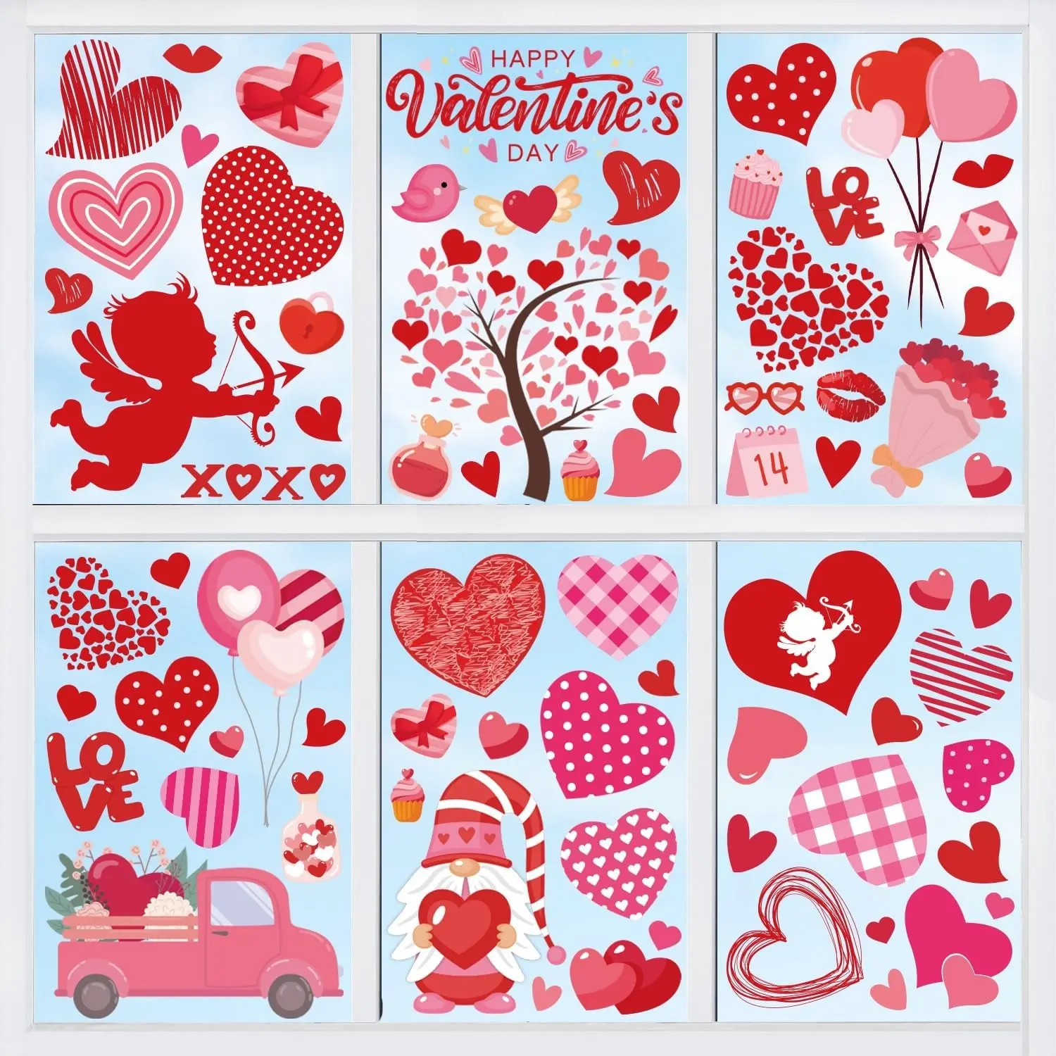 Valentine’s Day Window Clings, 8 Sheet Happy Valentine Window Clings Double-Sided Heart Stickers for Home Classroom Wedding Anniversary Party