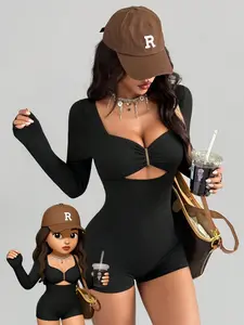 Women's Sexy Y2K Punk Jumpsuit, Square Neck Long Sleeve Twisted Hollow Out Design, High Stretch Fabric Short Pants, Suitable for Various Occasions