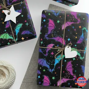Bats and Stars Gift Wrapping Paper Roll, WitchyGoth Gift Wrap, Gothic Halloween Colorful Presents, Scary Psychedelic Rainbow Galaxy Batty