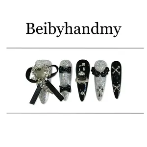 Midnight Girl Black Bow Handmade Long Ice Transparent Whitening Detachable False Nails （Size:S/M/L)