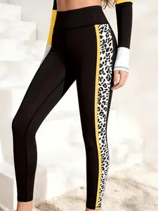 Stylish Side Stripe Leopard Print High Elastic Leggings, High Waist Stretchy, Great for Training Yoga and Running, All Season Casual Fitness Wear, High Waisted Leggings, Four Season Leggings