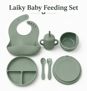 Laiky Baby Silicone Baby Feeding Set | Led Weaning Feeding Set – Suction Divided Plate with Lid, Bowl, Baby Utensils Spoon and Folk, Straw Cup and Adjustable Bib | Baby Feeding Essentials