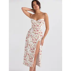 Women's Ditsy Floral Print Cami Dress, Contrast Lace Spaghetti Straps, Side Split Bodycon Midi, Sleeveless Boho Style for Beach Holiday