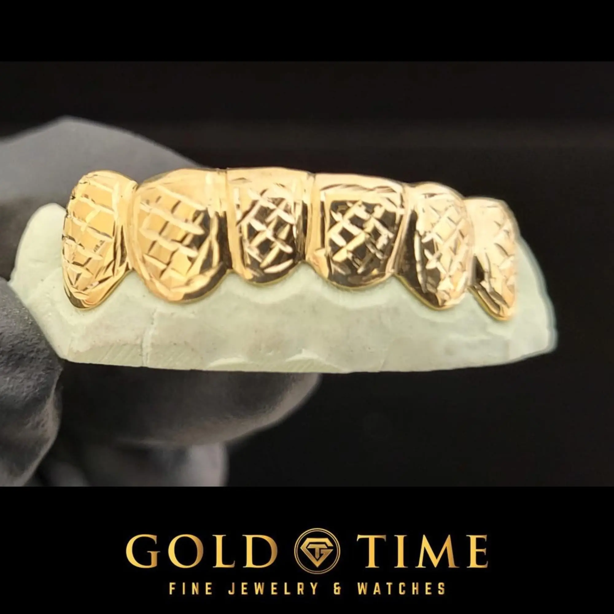 Custom Gold Grillz  Handmade Trillion-Cut Box Design 6-Piece Grillz  10K, 14K, Silver - Yellow, White, or Rose  Includes Impression Kit