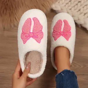 Fuzzy Cute Bow Slippers for Women Winter Warm Cozy House Slippers Plush Indoor Outdoor Shoes
