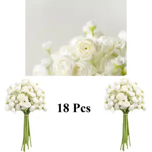 18 Pcs Ranunculus Artificial Flower, Faux Silk Mini Ranunculus Flowers for DIY Bouquet, Bulk Fake Wedding Filler Flowers for Centerpieces Arrangements Bridal Shower Decorations, Ivory White