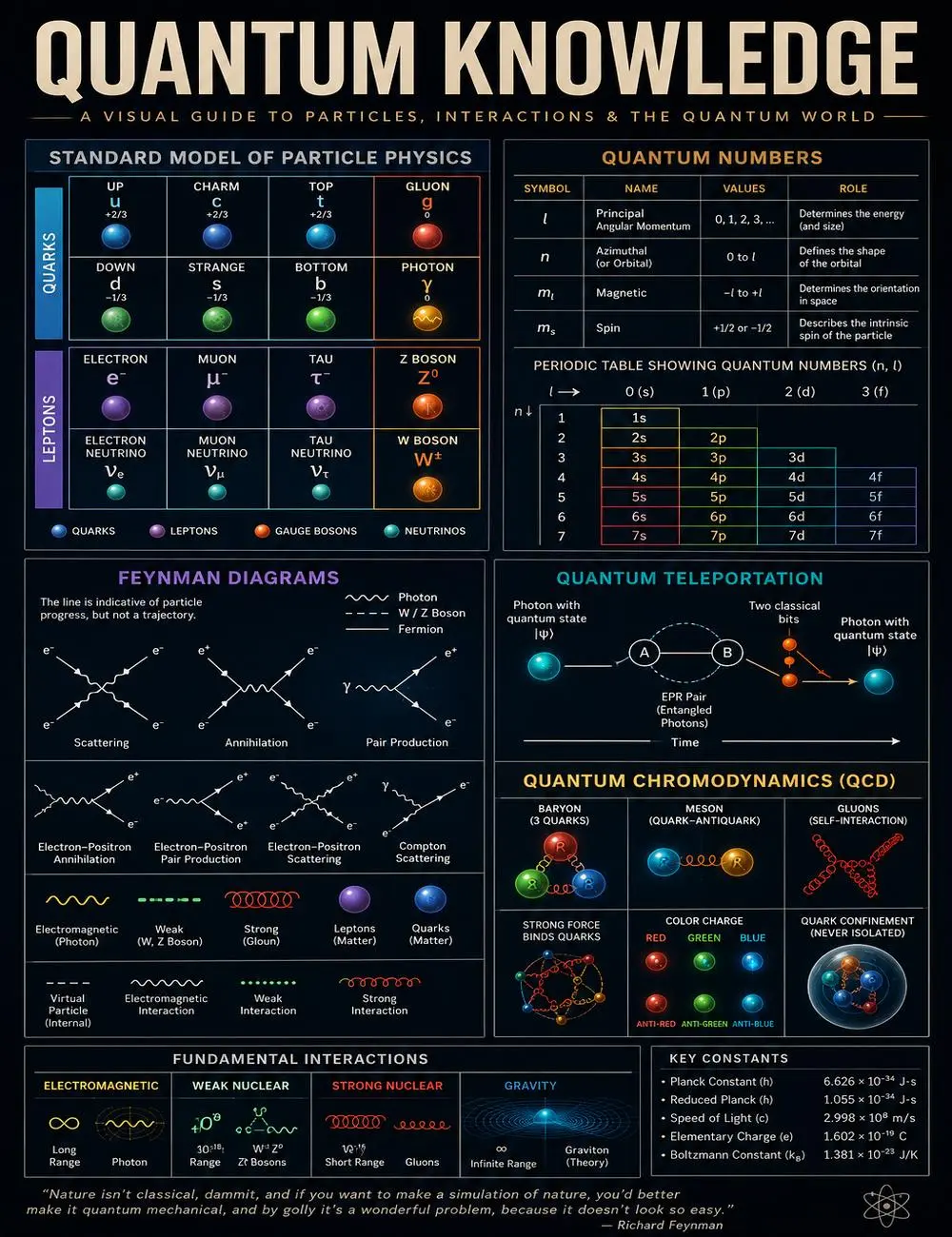 Quantum Physics Poster Quantum Knowledge Guide Science Wall Art Standard Model Particle Physics Feynman Diagrams Quantum Numbers QCD Physics Classroom Educational Canvas Print STEM Teacher Gift School Laboratory Office Decor Artistic Wood