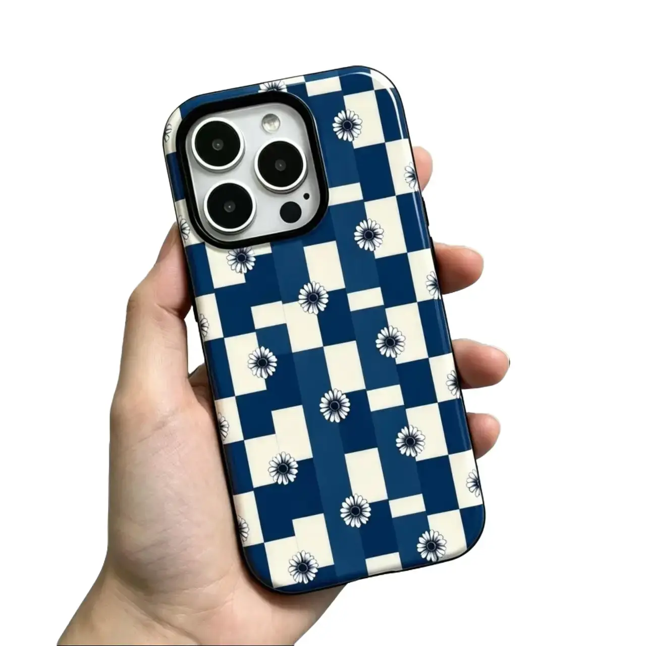 Navy Blue Checkered Daisy Pattern Tough Phone Case, Dual Layer Protective Cover for iPhone 17 16 15 14 13 12 11 17Air X Xs Max Pro Plus Pro Max and Samsung Galaxy S26 S25 S24 S23 S22 S21 Plus Ultra FE, Cute Aesthetic Phone Shell for Women Girls