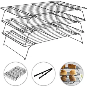 3-Tier Cooling Racks for Cooking Baking 13" x 9.6" Stackable Heavy Duty Stainless Steel Wire Rack for Grilling Roasting - Oven & Dishwasher Safe - Black