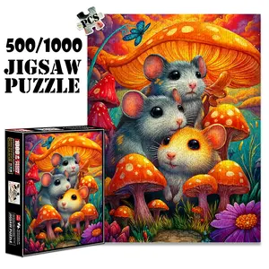 1pc 1000 piece adult puzzle 70x50cm Three Mice under Mushrooms with Butterfly and Flowers 500 pieces of paper jigsaw puzzle, suitable for adults and families, large-scale DIY puzzle interactive toy